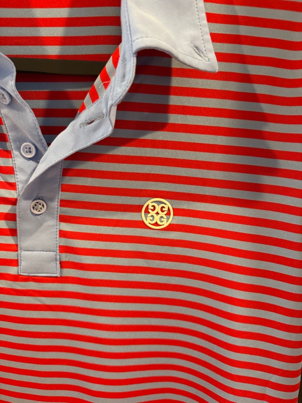 G/FORE Red and Light Blue Striped Polo with Light Blue Collar. Size medium. - Picture 2 of 4